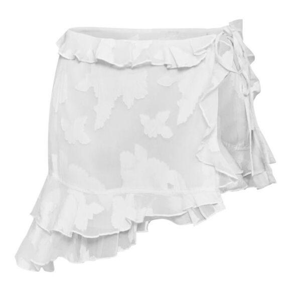 Prettylittlething Cream Textured Chiffon Tie Side Frilly Mini Skirt UK 8 US 4 - Picture 3 of 10